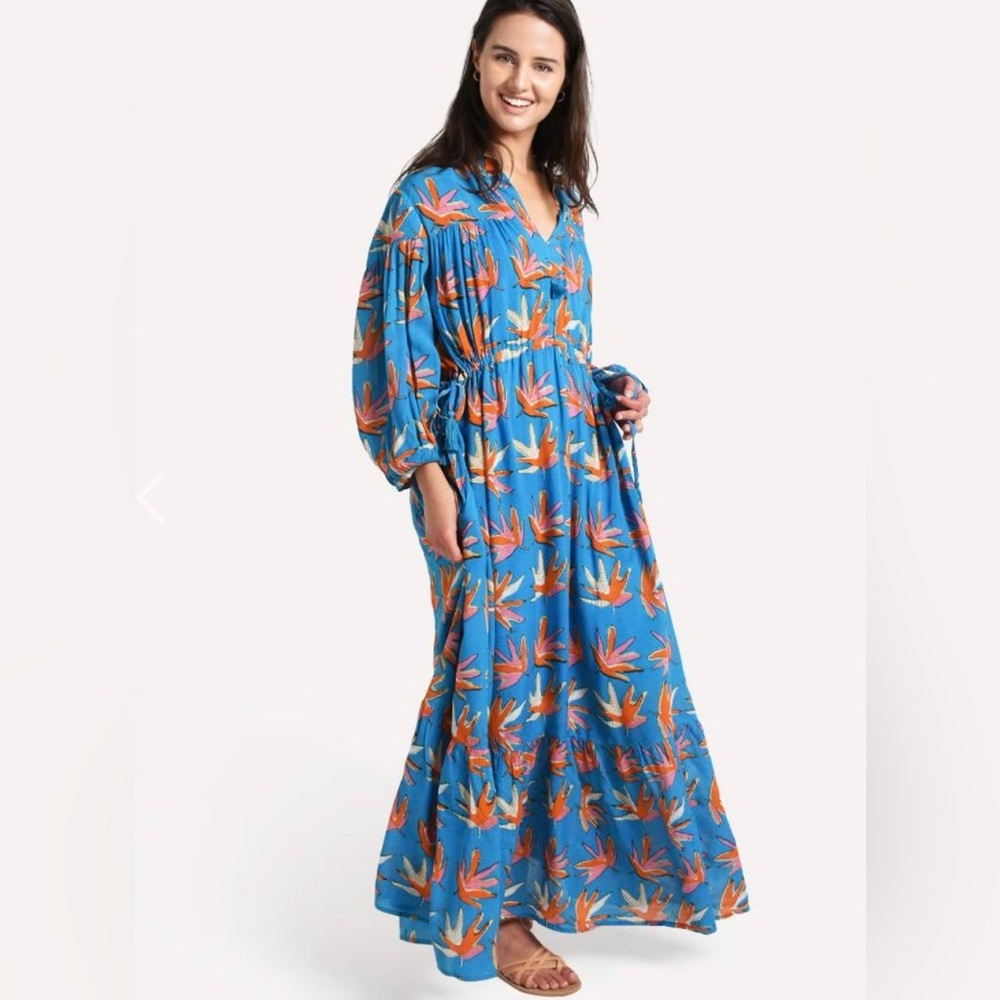 Oliphant Cinched Waist Maxi Dress Blue Leaf Print Size XS